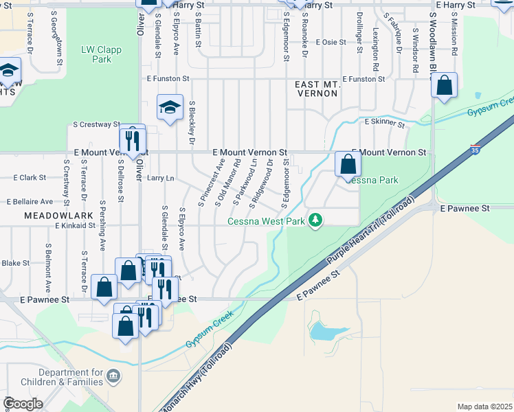 map of restaurants, bars, coffee shops, grocery stores, and more near 2116 South Ridgewood Drive in Wichita