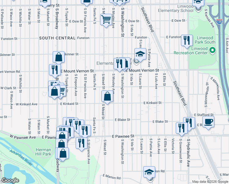 map of restaurants, bars, coffee shops, grocery stores, and more near 2122 South Mosley Street in Wichita