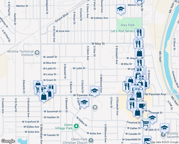 map of restaurants, bars, coffee shops, grocery stores, and more near 2220 South Glenn Avenue in Wichita
