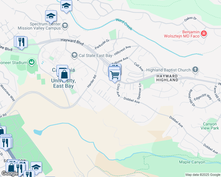 map of restaurants, bars, coffee shops, grocery stores, and more near 26843 New Dobbel Avenue in Hayward