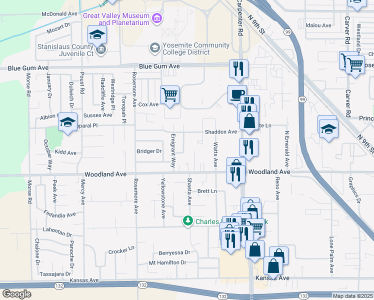 map of restaurants, bars, coffee shops, grocery stores, and more near 1808 Brendler Way in Modesto