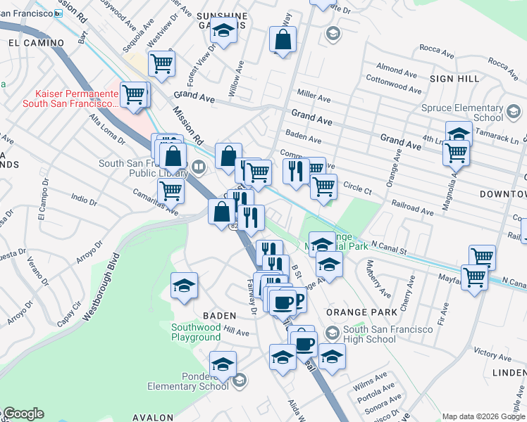 map of restaurants, bars, coffee shops, grocery stores, and more near 848 Antoinette Lane in South San Francisco