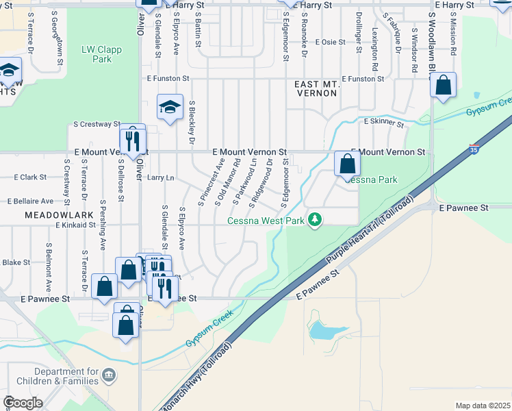 map of restaurants, bars, coffee shops, grocery stores, and more near 2116 South Ridgewood Drive in Wichita
