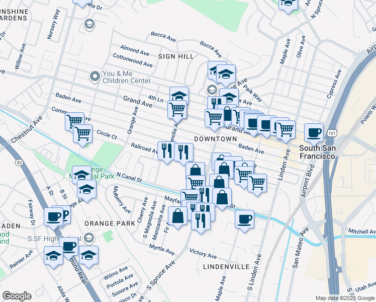 map of restaurants, bars, coffee shops, grocery stores, and more near 561 1st Lane in South San Francisco