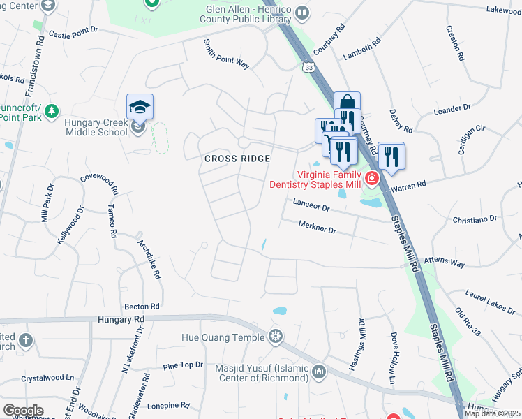 map of restaurants, bars, coffee shops, grocery stores, and more near 10103 Locklies Drive in Glen Allen