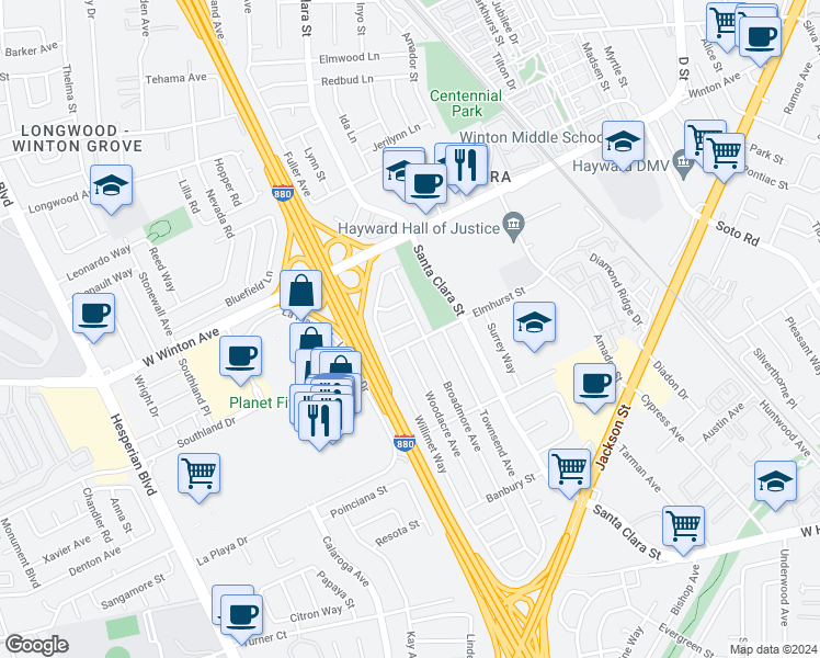 map of restaurants, bars, coffee shops, grocery stores, and more near 522 Lagunitas Lane in Hayward