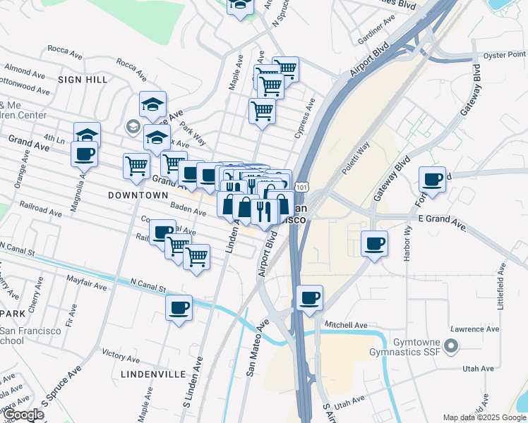 map of restaurants, bars, coffee shops, grocery stores, and more near 201 Grand Avenue in South San Francisco