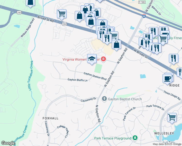 map of restaurants, bars, coffee shops, grocery stores, and more near 12300 Gayton Station Boulevard in Richmond