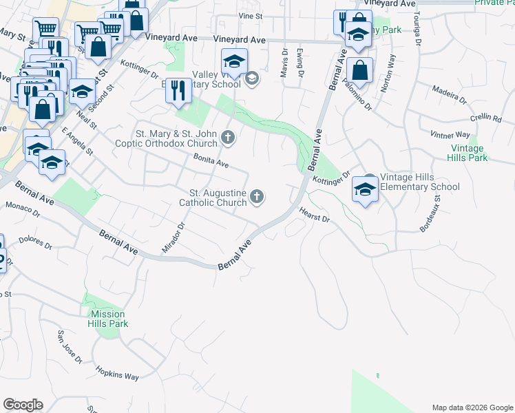 map of restaurants, bars, coffee shops, grocery stores, and more near 3999 Bernal Avenue in Pleasanton