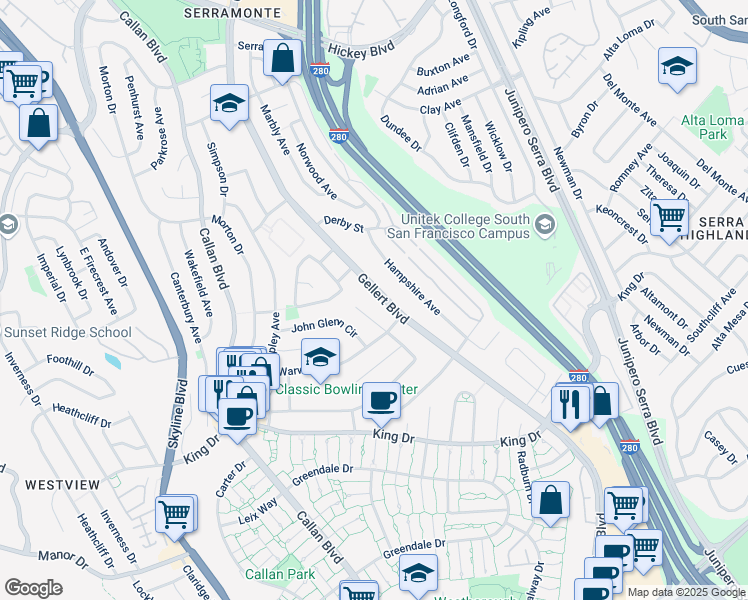 map of restaurants, bars, coffee shops, grocery stores, and more near 770 Gellert Boulevard in Daly City