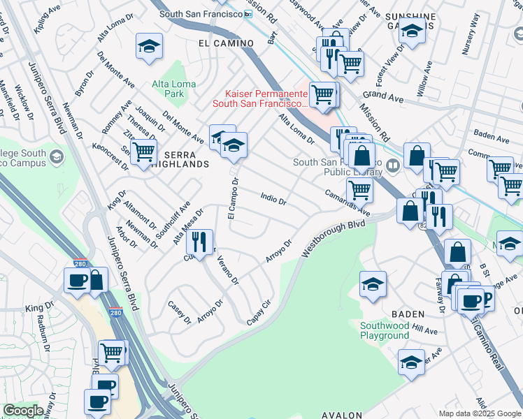 map of restaurants, bars, coffee shops, grocery stores, and more near 129 Alta Mesa Drive in South San Francisco