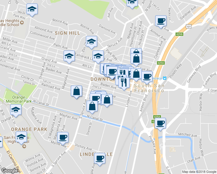 map of restaurants, bars, coffee shops, grocery stores, and more near 419 Baden Avenue in South San Francisco
