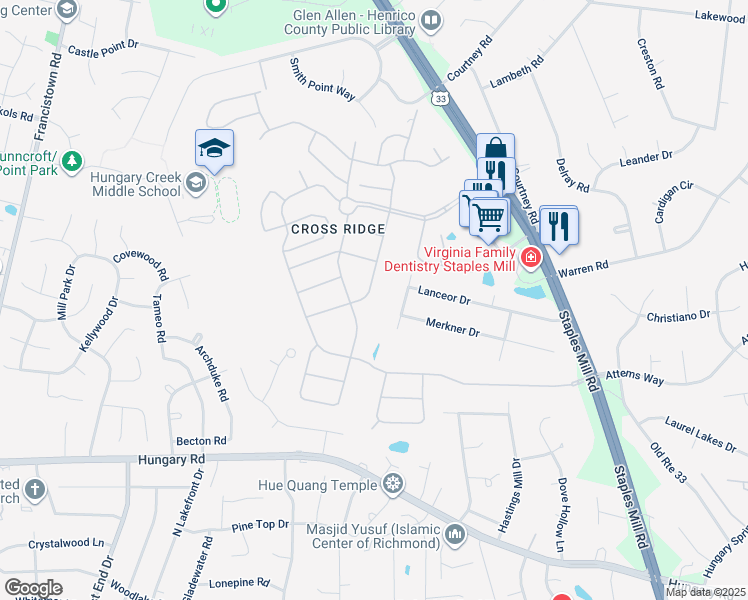 map of restaurants, bars, coffee shops, grocery stores, and more near 10105 Locklies Drive in Glen Allen