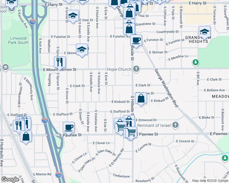 map of restaurants, bars, coffee shops, grocery stores, and more near 2131 South Chautauqua Avenue in Wichita