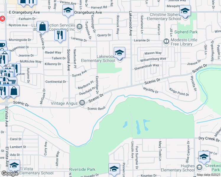 map of restaurants, bars, coffee shops, grocery stores, and more near 2812 Rudge Place in Modesto