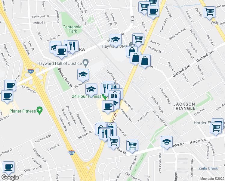 map of restaurants, bars, coffee shops, grocery stores, and more near 24176 Mission Boulevard in Hayward