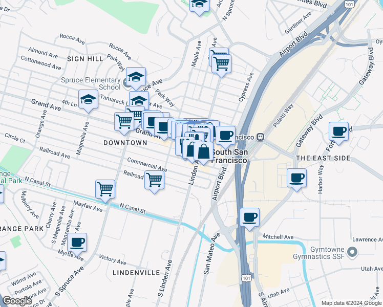 map of restaurants, bars, coffee shops, grocery stores, and more near 205 Linden Avenue in South San Francisco