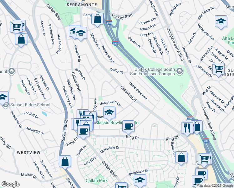 map of restaurants, bars, coffee shops, grocery stores, and more near 86 Lycett Circle in Daly City
