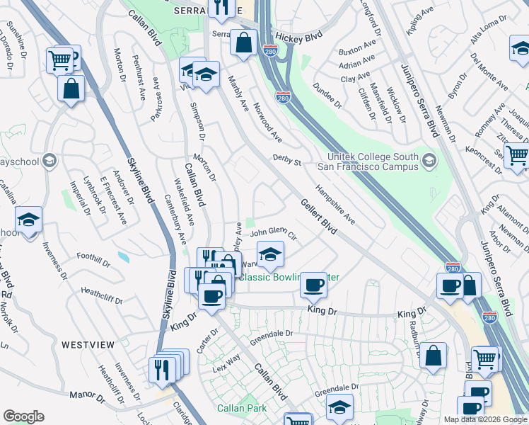 map of restaurants, bars, coffee shops, grocery stores, and more near 64 Lycett Circle in Daly City
