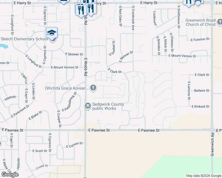 map of restaurants, bars, coffee shops, grocery stores, and more near 2130 South Webb Road in Wichita