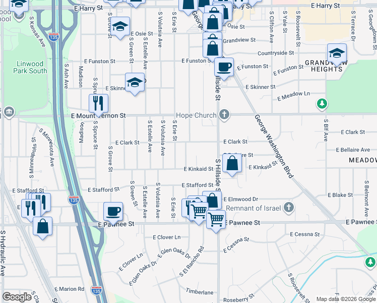 map of restaurants, bars, coffee shops, grocery stores, and more near 2131 South Chautauqua Avenue in Wichita