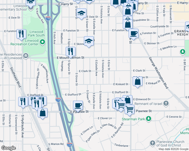 map of restaurants, bars, coffee shops, grocery stores, and more near 2133 South Estelle Street in Wichita
