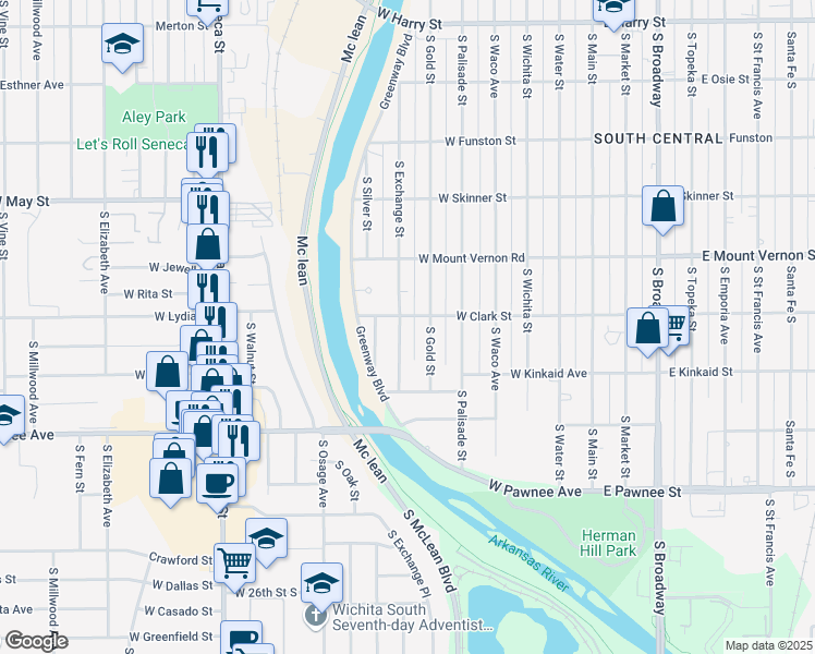 map of restaurants, bars, coffee shops, grocery stores, and more near 2122 South Exchange Street in Wichita
