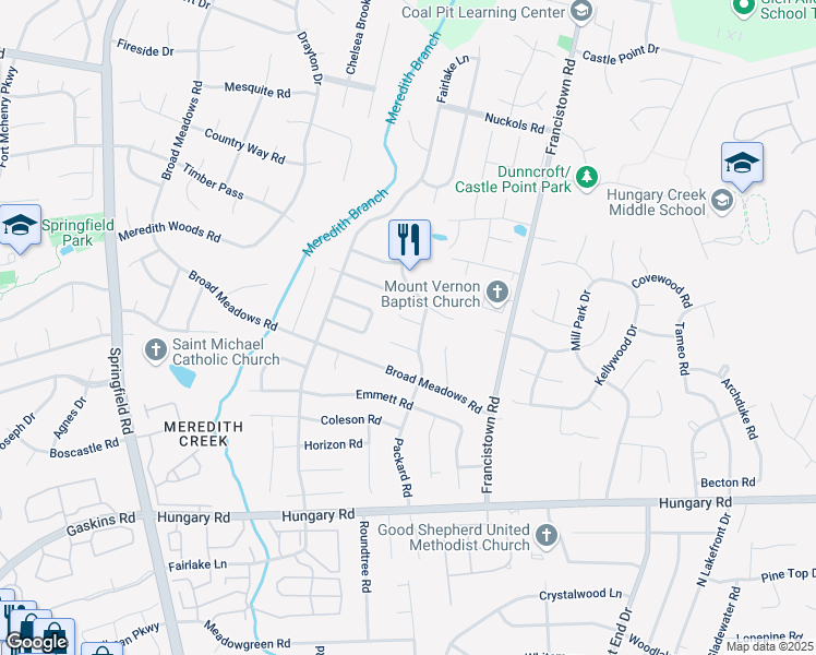 map of restaurants, bars, coffee shops, grocery stores, and more near 9200 Packard Court in Glen Allen