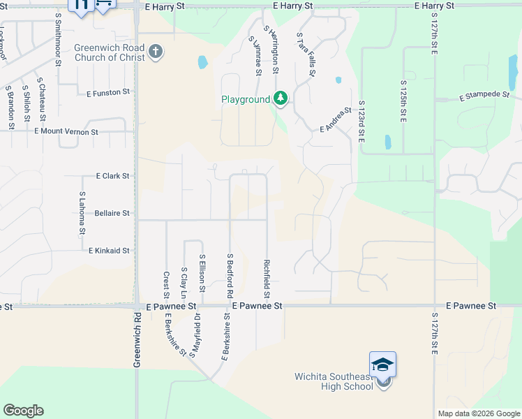 map of restaurants, bars, coffee shops, grocery stores, and more near 2117 Richfield Street in Wichita