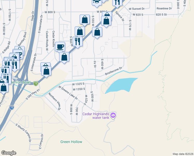 map of restaurants, bars, coffee shops, grocery stores, and more near 515 Bristlecone Drive in Cedar City