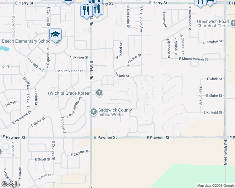 map of restaurants, bars, coffee shops, grocery stores, and more near 2130 South Webb Road in Wichita
