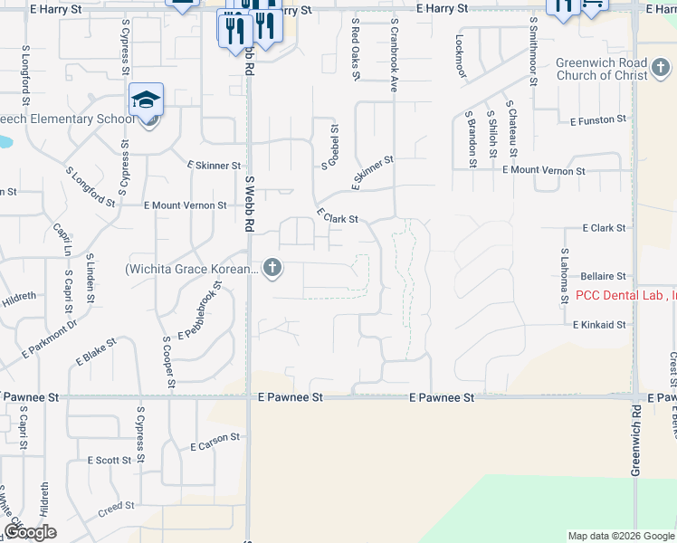 map of restaurants, bars, coffee shops, grocery stores, and more near 2130 South Webb Road in Wichita