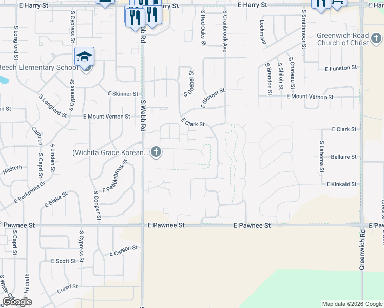 map of restaurants, bars, coffee shops, grocery stores, and more near 2130 South Webb Road in Wichita