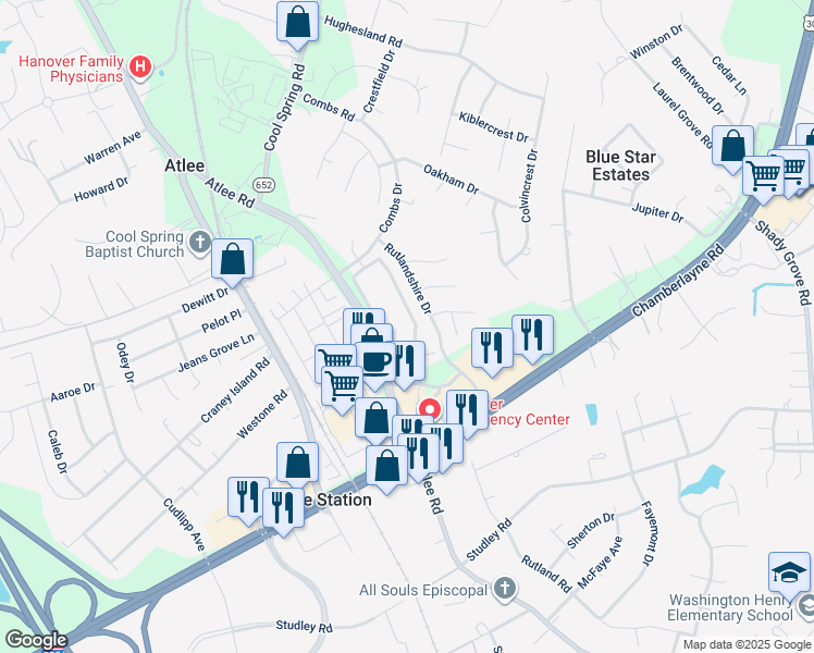 map of restaurants, bars, coffee shops, grocery stores, and more near 8041 Belton Circle in Mechanicsville