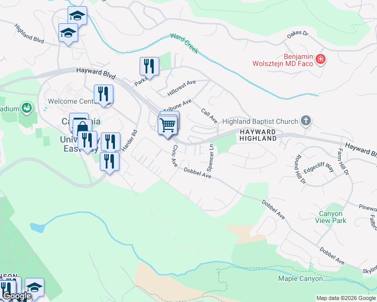 map of restaurants, bars, coffee shops, grocery stores, and more near 26937 Hayward Boulevard in Hayward