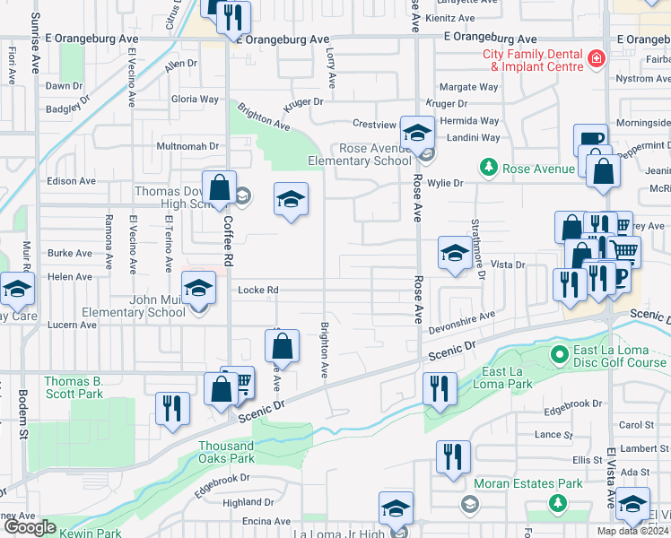 map of restaurants, bars, coffee shops, grocery stores, and more near 724 Brighton Avenue in Modesto
