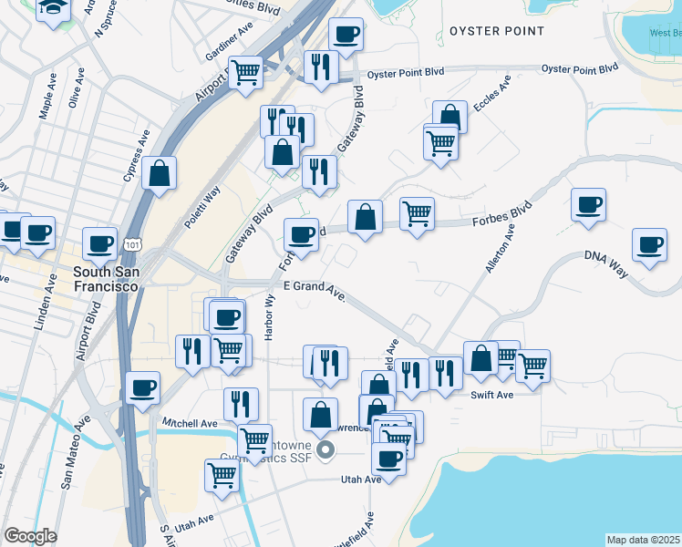 map of restaurants, bars, coffee shops, grocery stores, and more near 233 East Grand Avenue in South San Francisco