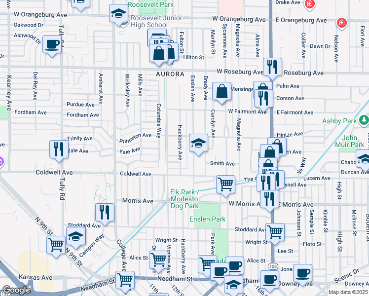map of restaurants, bars, coffee shops, grocery stores, and more near 719 Hackberry Avenue in Modesto