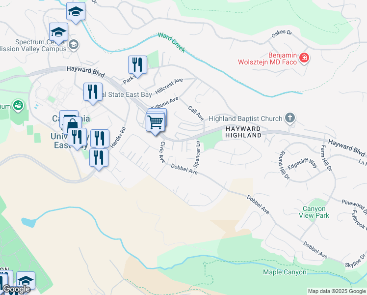 map of restaurants, bars, coffee shops, grocery stores, and more near 26953 Hayward Boulevard in Hayward