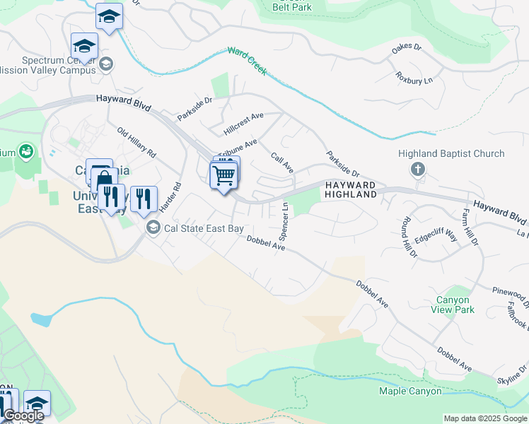 map of restaurants, bars, coffee shops, grocery stores, and more near 26953 Hayward Boulevard in Hayward