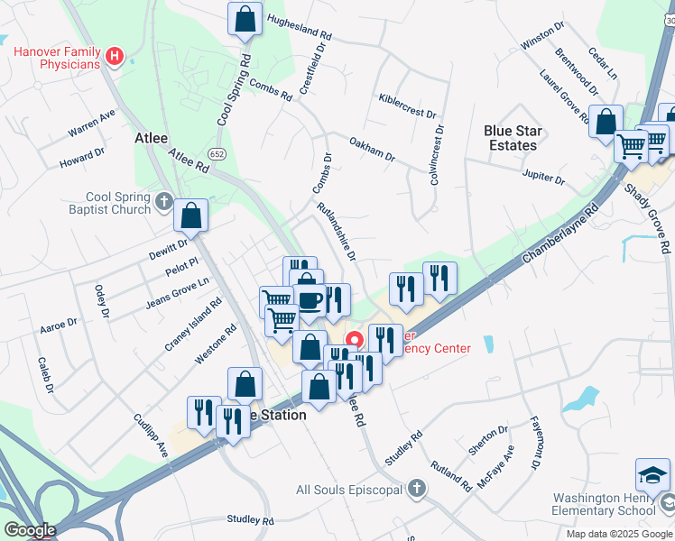 map of restaurants, bars, coffee shops, grocery stores, and more near 8041 Belton Circle in Mechanicsville