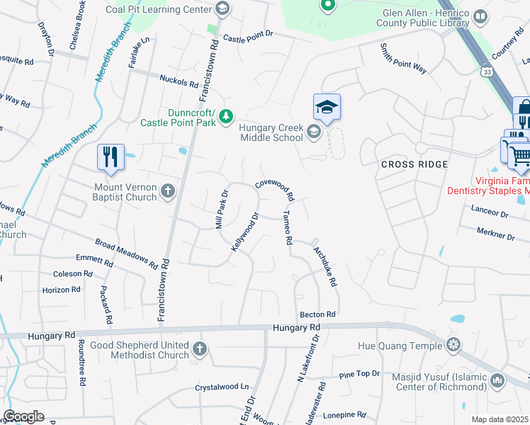 map of restaurants, bars, coffee shops, grocery stores, and more near 9008 Runyon Drive in Glen Allen
