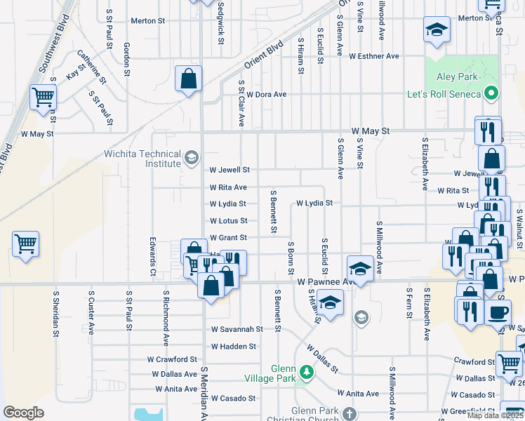 map of restaurants, bars, coffee shops, grocery stores, and more near 2162 South Everett Street in Wichita
