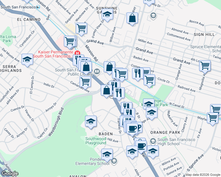 map of restaurants, bars, coffee shops, grocery stores, and more near 988 El Camino Real in South San Francisco