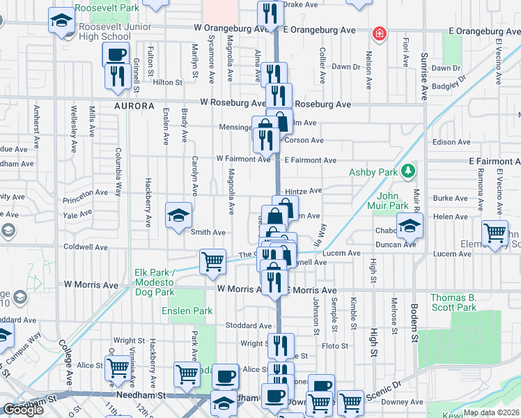 map of restaurants, bars, coffee shops, grocery stores, and more near 605 Geer Court in Modesto