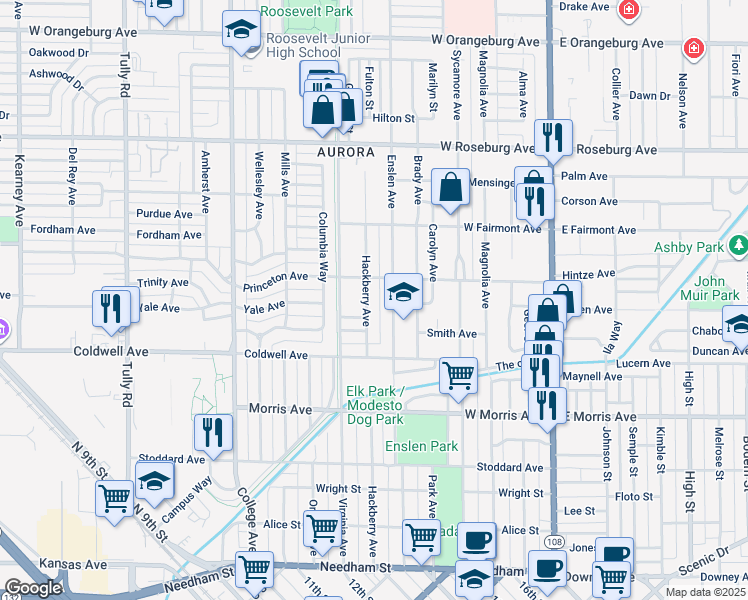 map of restaurants, bars, coffee shops, grocery stores, and more near 719 Hackberry Avenue in Modesto