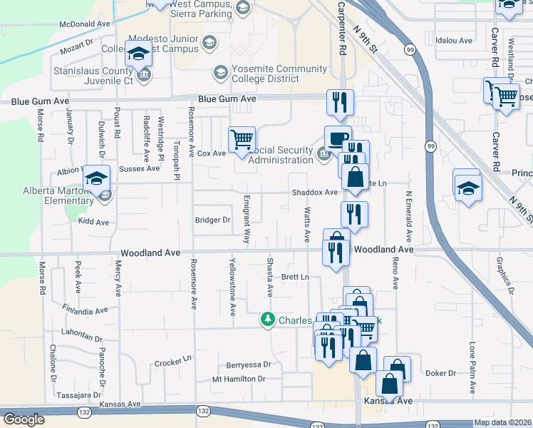 map of restaurants, bars, coffee shops, grocery stores, and more near 1808 Brendler Way in Modesto