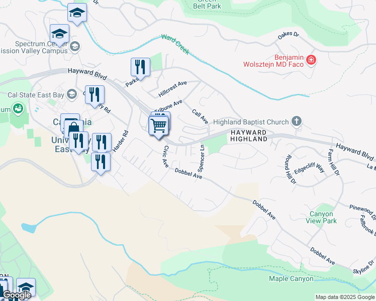 map of restaurants, bars, coffee shops, grocery stores, and more near 26993 Hayward Boulevard in Hayward