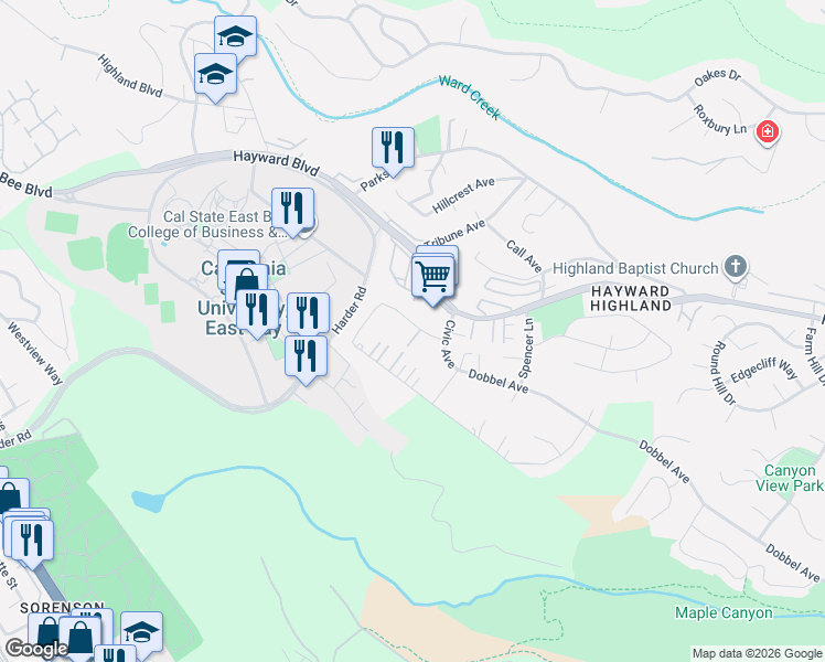 map of restaurants, bars, coffee shops, grocery stores, and more near 26859 New Dobbel Avenue in Hayward