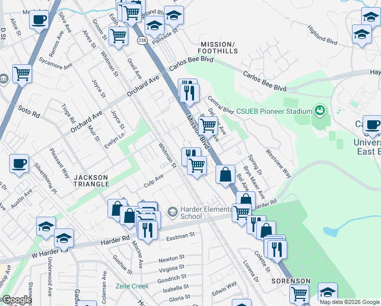 map of restaurants, bars, coffee shops, grocery stores, and more near 25426 Parklane Drive in Hayward